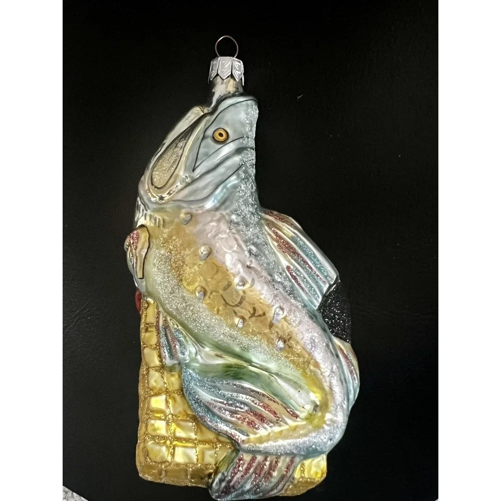 Slavic Treasures‎ Poland Blown Glass Xmas Ornament Fishing Pole, Bag and Fish